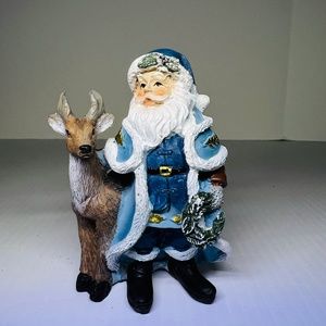 Santa Claus Figurine 4" Tall Blue Standing With Reindeer Resin Outdoor